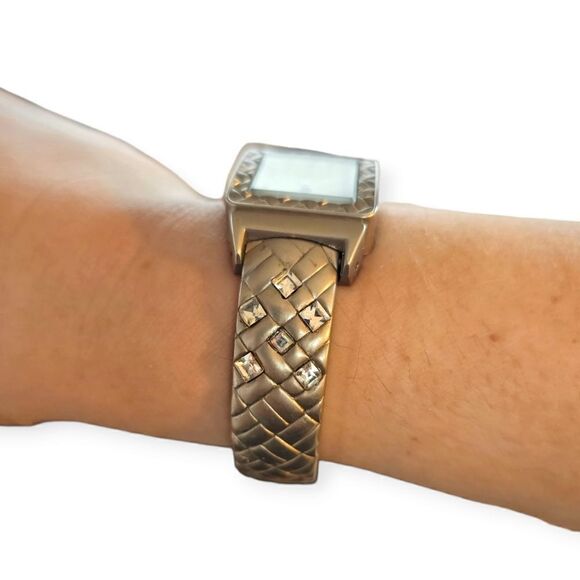 Geneva Silver-tone Basket Weeve & Crystal Open Cuff Watch - Picture 6 of 13